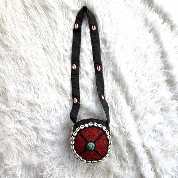 Handmade Handbags - Red and Black Crossbody coral beaded Bag with Shell Accents